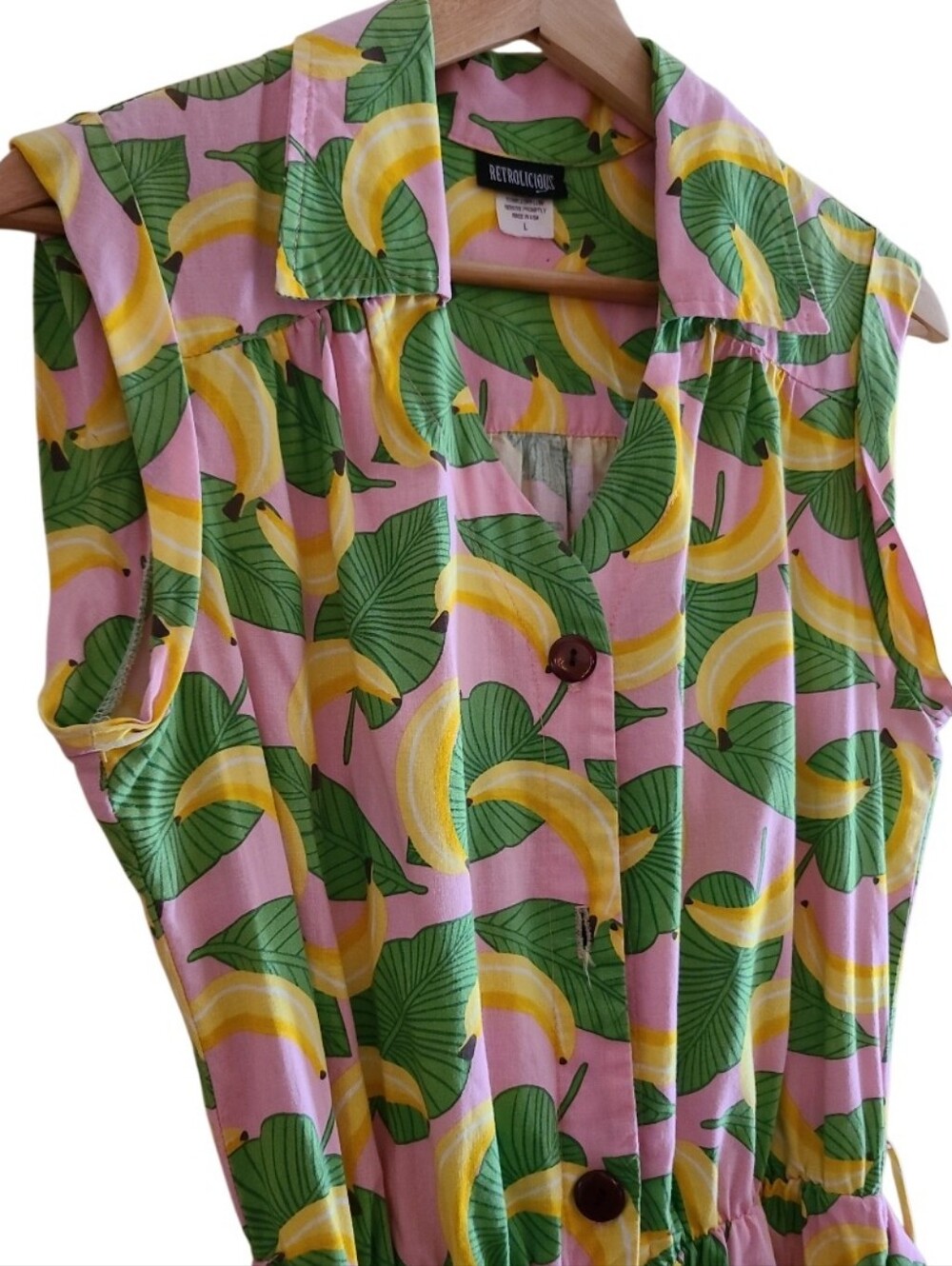 Retrolicious Banana Pattern Button Dress Green Yellow Retro Vintage-y Tie Waist - Picture 5 of 16